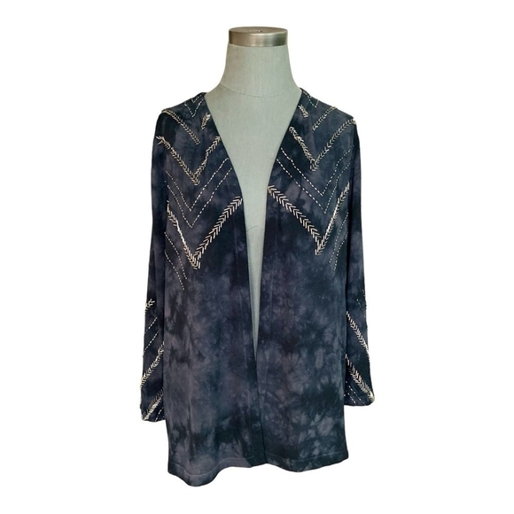 Women’s Cardigan Chaser Tie-Dye Duster Silver Beaded Open Front Kimono Cardigan - Picture 3 of 6
